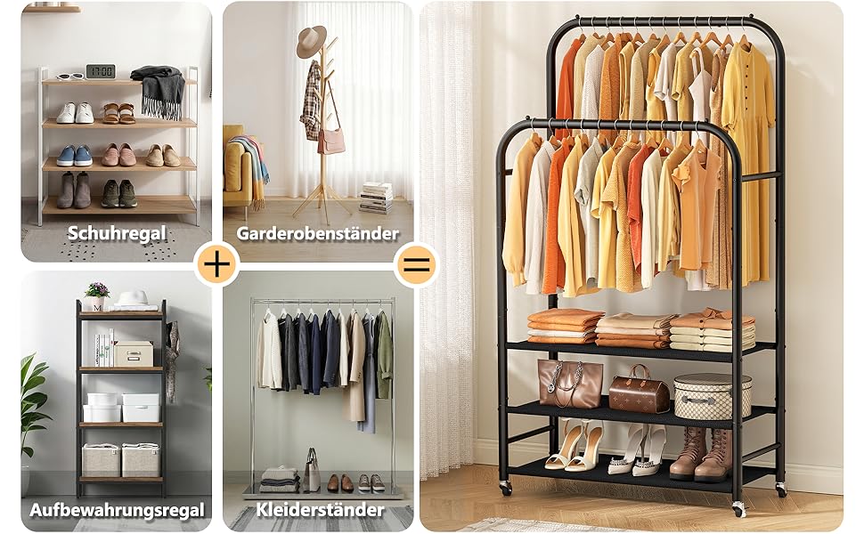 Вішалка для одягу HOMIDEC з 3 полицями, подвійна штанга на колесах, металевий каркас, чорна. Макс. навантаження 80 кг