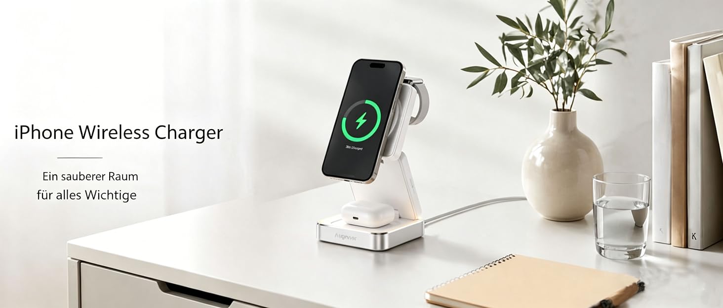 Зарядна станція 6-в-1 Augnner для iPhone 17/16/15/14/13/12/11 Pro/Max/Plus, Apple Watch, AirPods з нічником та будильником, жовта