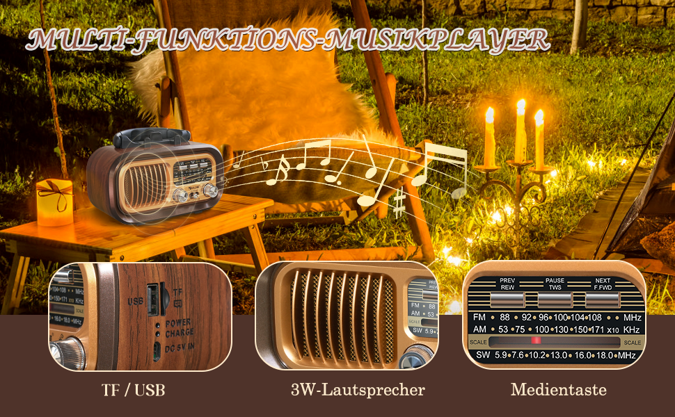 Ретро Радіо Klein з Bluetooth: портативне AM/FM/SW радіо з сонячною панеллю, USB/TF-карта, 1200mAh, золотий колір