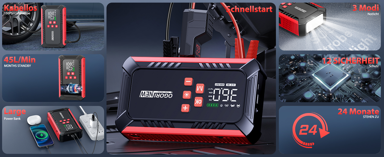 Портативний акумулятор для авто з компресором 150PSI, 7000A, 12V, 8L/10L (бензин/дизель), з запальничкою, LED-ліхтарик B195