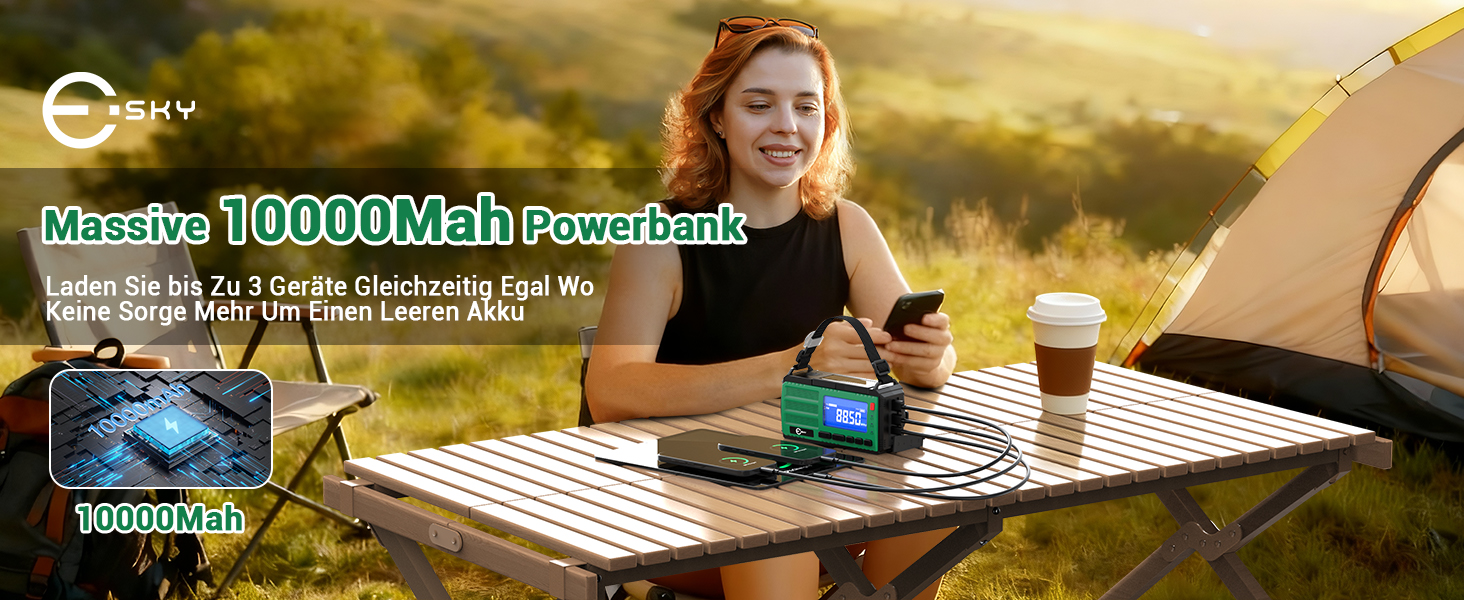 Радіоприймач Esky Kurbelradio з сонячною батареєю, 10000mAh, AM/FM, USB-зарядка, LED-ліхтарик, SOS-сигнал, компас, портативне для кемпінгу та надзвичайних ситуацій, зелений