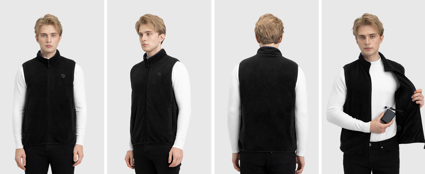 Обогревна жилетка з флісу для чоловіків з акумулятором 5V 10000mAh - жилетка з 3 рівнями нагріву, 5 зонами обігріву, ідеальна для роботи на відкритому повітрі, катання на лижах, піших прогулянок та щоденних поїздок. Чорний, XXL