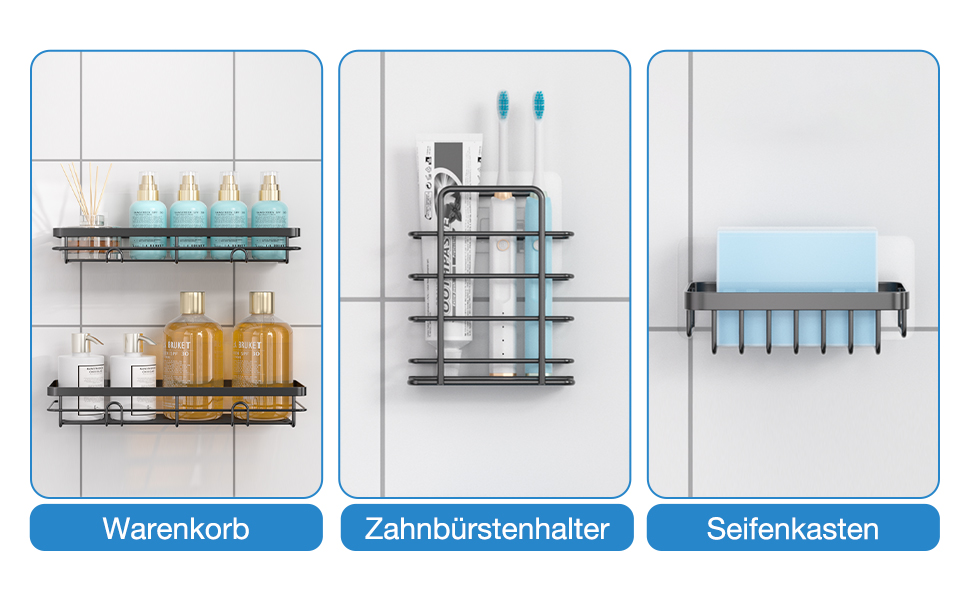 Поличка для душу без свердління, 5 шт. Органайзер для ванної кімнати, кутова поличка для душу з гачками, самоклеюча поличка для ванної та кухні (Чорний)