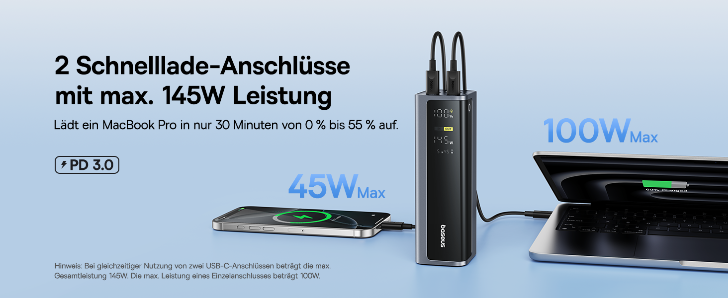 Power Bank Baseus EnerGeek 145W 20800mAh з 2x USB-C PD 3.0 (100W) та Digital Display для Ноутбуків, MacBook, iPhone, Samsung, SteamDeck