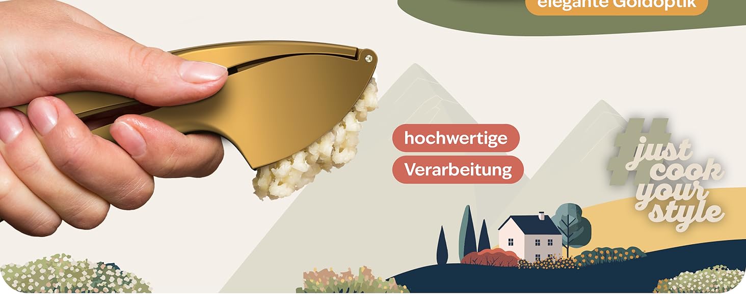 Преміум-прес для часнику Kjøk - з цинкової сплави, хромоване покриття, професійний, для миття в посудомийній машині, стильний, подарунок на День Матері (золотий)