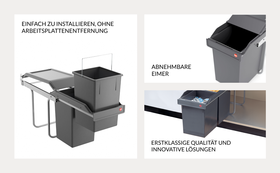 Відро для сміття Hailo Tandem 3650103 | Вбудований контейнер для сміття 2 секції з 50 мішками | для шаф шириною від 300 мм | Зручний висувний механізм на роликових направленнях | Сріблястий та антрацитовий пластик 3650101