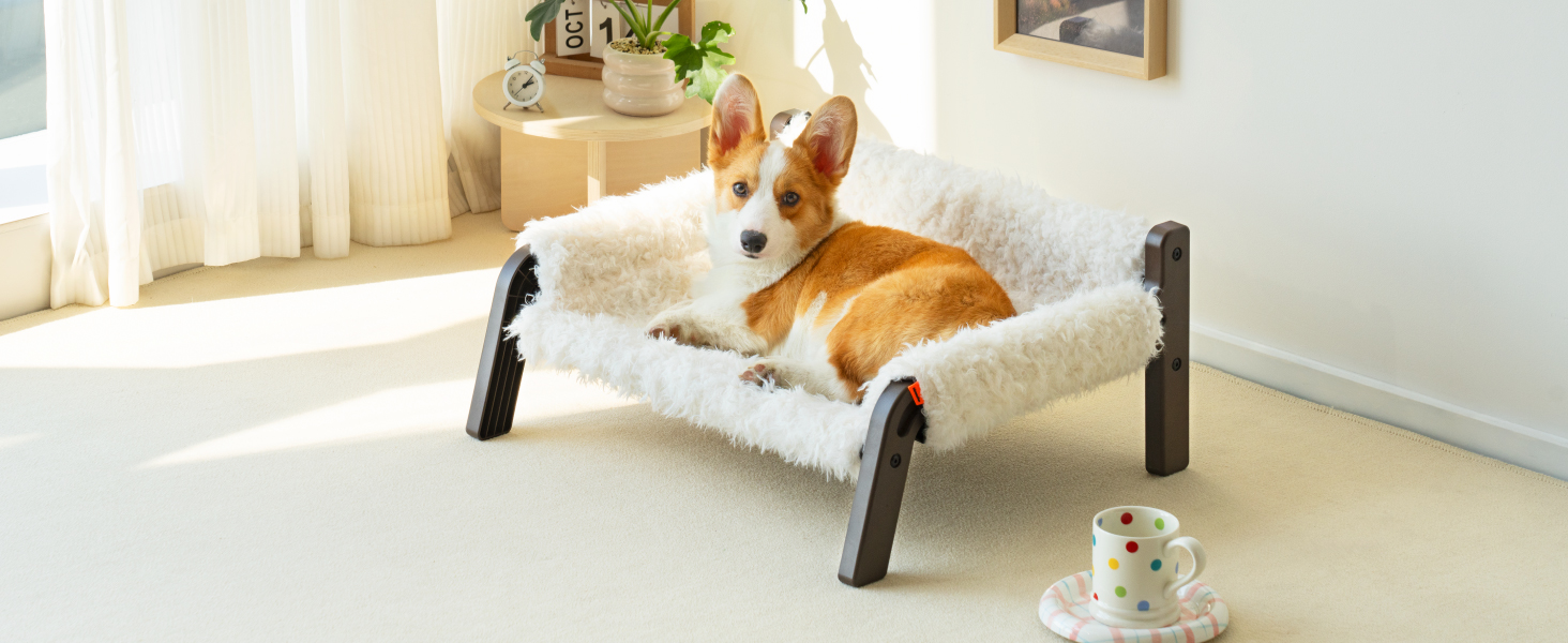 MEWOOFUN Dog Sofa Dog Bed Elevated - Dog Beds for Small and Medium Dogs with Non-Slip Bottom, Breathable Puppy Bed with Removable Cushion, Cat Sofa 61 x 53 x 28 cm, Brown