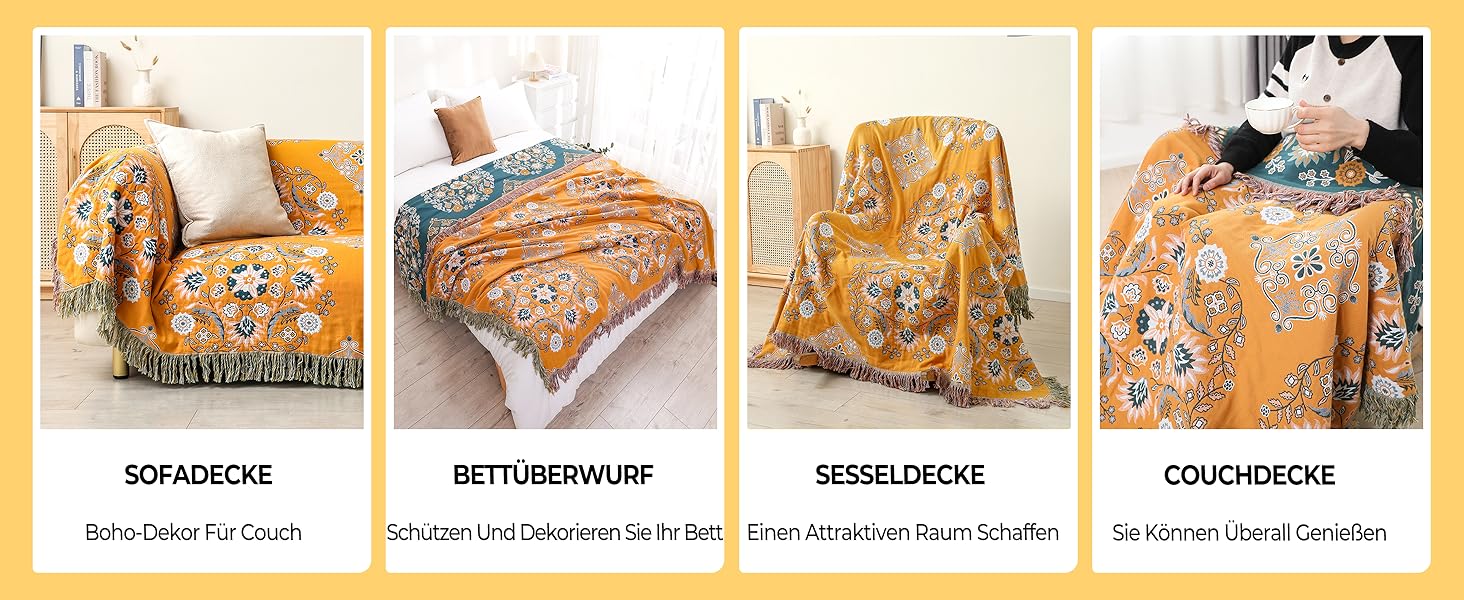 Покривало HOORDRY Boho для ліжка та дивана, бавовняна двостороння ковдра 150×200 см з китицями, жовто-зелене, для спальні та вітальні