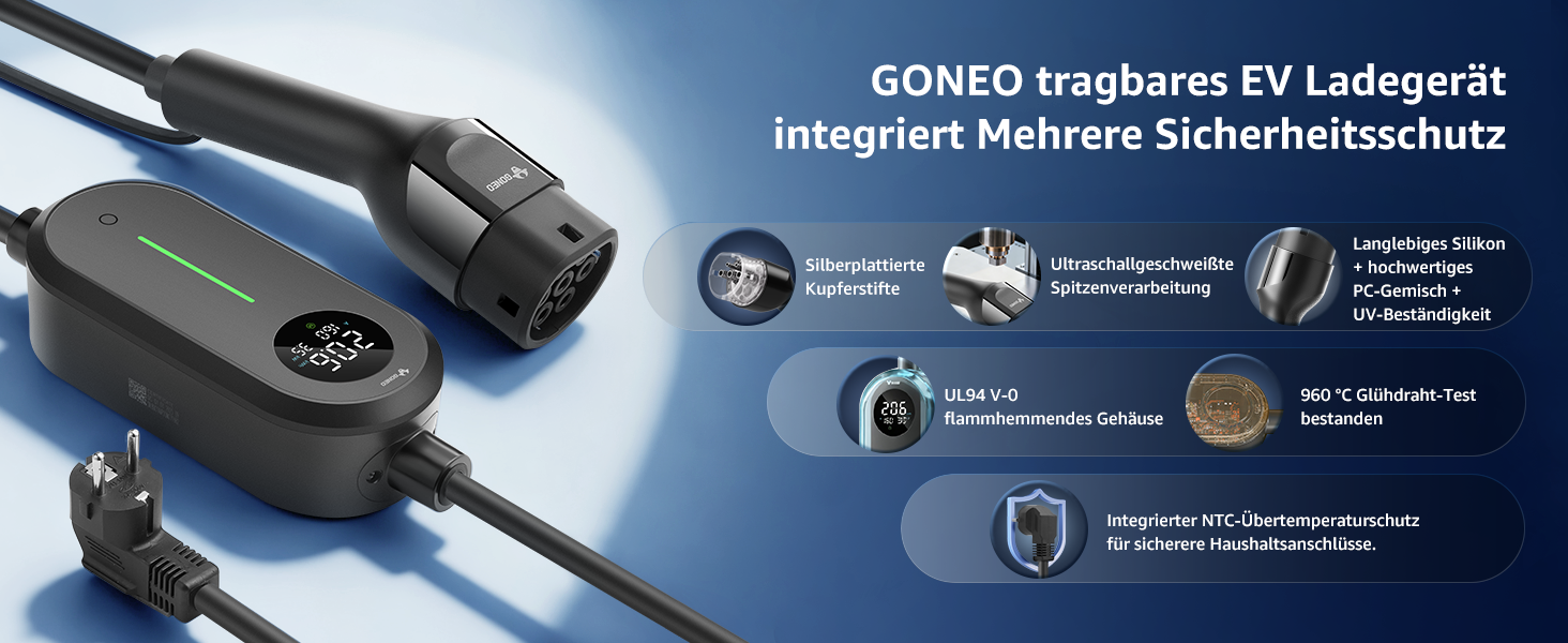Зарядний пристрій для електромобілів GONEO Typ 2 3.68kW 16A IP66, 6м, 230V з LCD та таймером