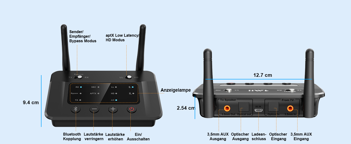 1Mii B03 Bluetooth 5.3 Передавач Bluetooth для TV з aptX HD, низькою затримкою, для 2 навушників, велика відстань, оптичний, AUX, RCA
