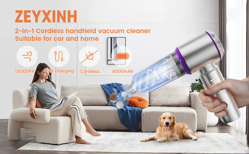 Бездротовий ручний пилосос 2-в-1 ZEYXINH для авто, дому та офісу: 16KPA, безщітковий мотор, зарядка Type-C
