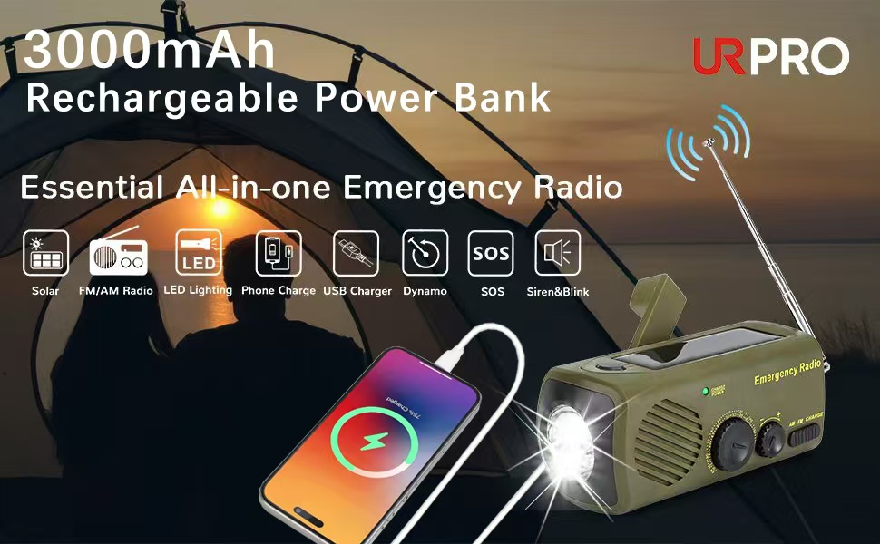 Радіо URPRO на ручному валу з AM/FM, 3000 mAh Powerbank, SOS-сигнал, LED-ліхтарик, USB-зарядний пристрій для мобільного телефону - ідеально для кемпінгу та походів
