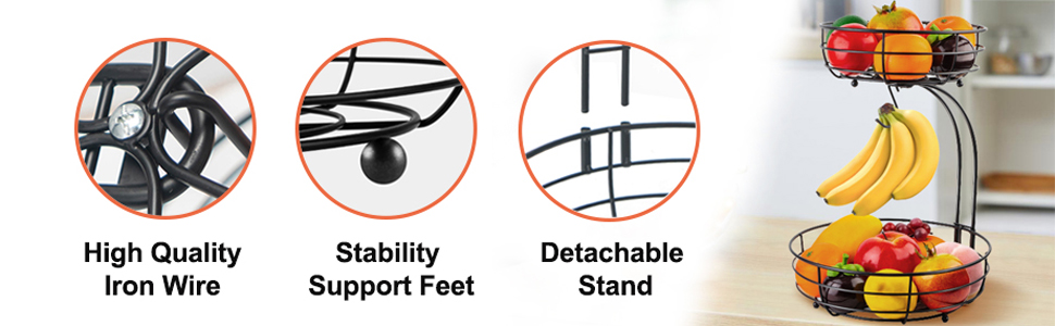 Металева фруктова корзина Stöckig з підставкою для бананів, чорна | Сучасна корзина для кухні