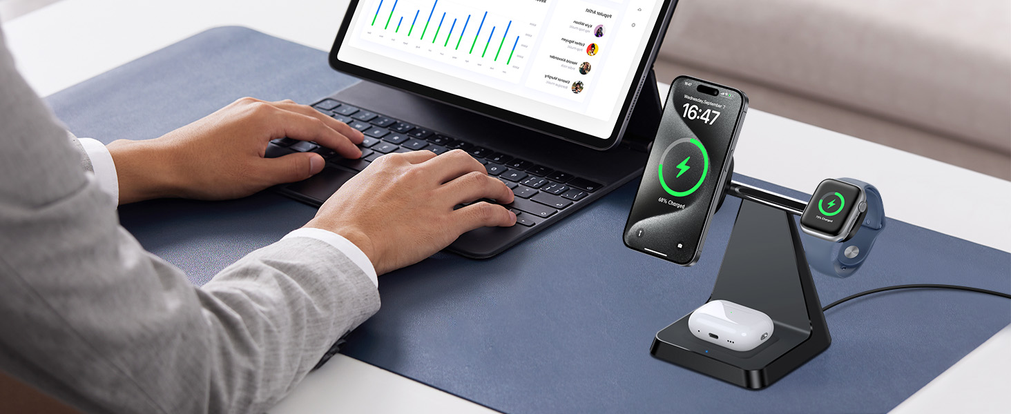 Бездротовий зарядний пристрій MagSafe 3-в-1 для iPhone: зарядка для Apple Watch та AirPods, сумісний з iPhone 16/15/14/13/12 (Білий/Чорний)