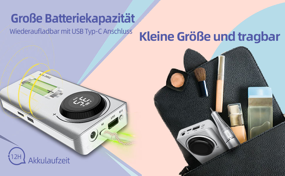 Електричний фрезер для манікюру та педикюру Delanie з акумулятором, 35000 об/хв, для гелю, акрилу, видалення кутикули, LED-дисплей, USB-зарядка (сріблястий)