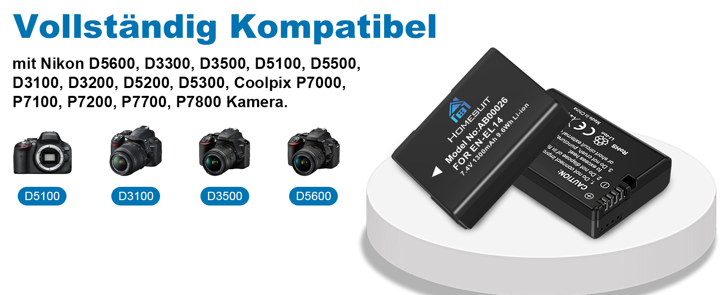 Акумулятор EN-EL14 1300mAh Homesuit + LED зарядний пристрій для Nikon D3100, D3200, D3300, D3500, D5100, D5200, D5300, D5500, D5600, Coolpix P7000, P7100, P7200, P7700, P7800 (2 шт.)