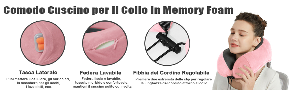 Подушка для шиї у вигляді U, Memory Foam, для подорожей на літаку, авто, в офіс. З маскою для сну та навушниками. Рожева