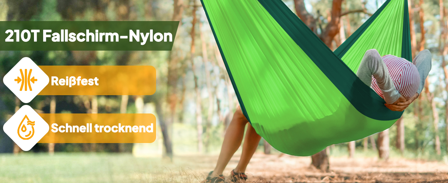 Легка туристична гамак NATUREFUN для кемпінгу | 300 кг вантажопідйомність, 275 x 140 см | Дихаючий, швидковисихаючий нейлон, 2 карабіни, 2 петлі | Для дому, саду, відпочинку на природі