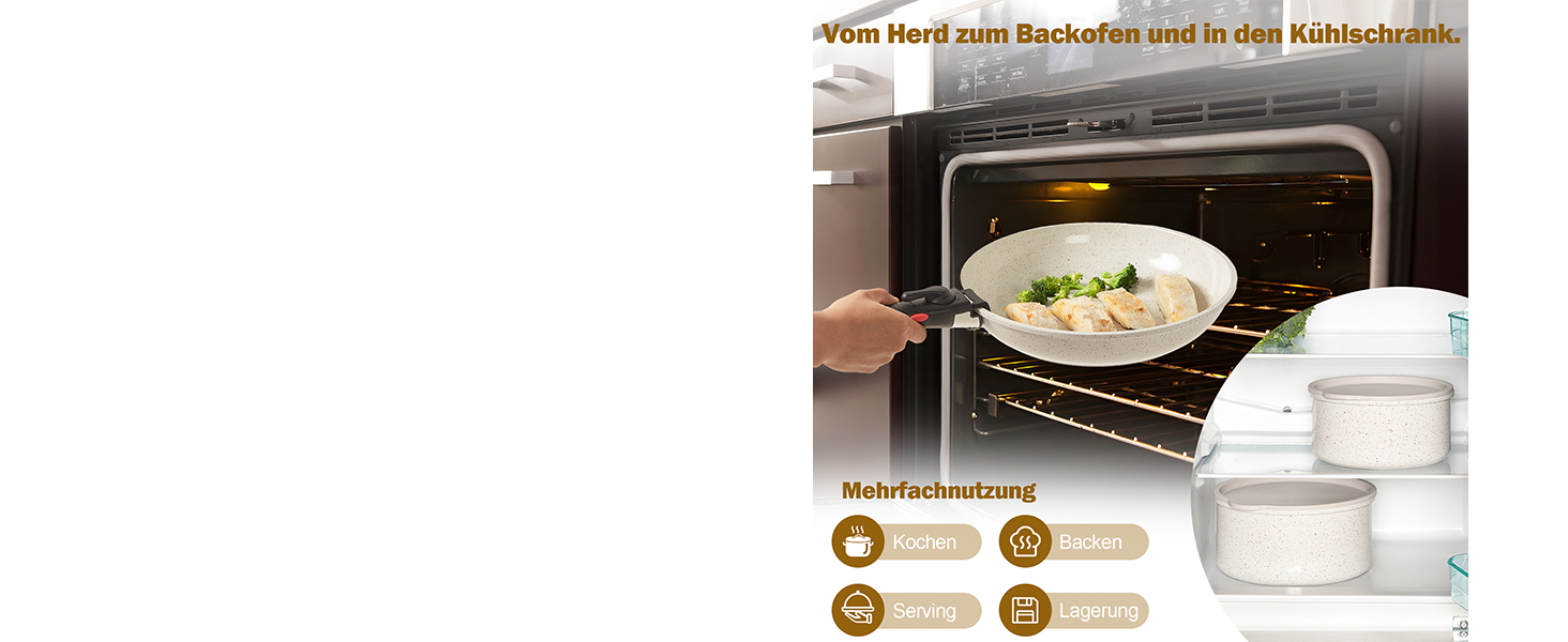 Набір посуду ROSSETTO 23 предмета з знімними ручками та керамічним антипригарним покриттям, складається для зберігання. Включає: каструлі, сковорідки, сотейники, казани. Без PFOA та PFOS.