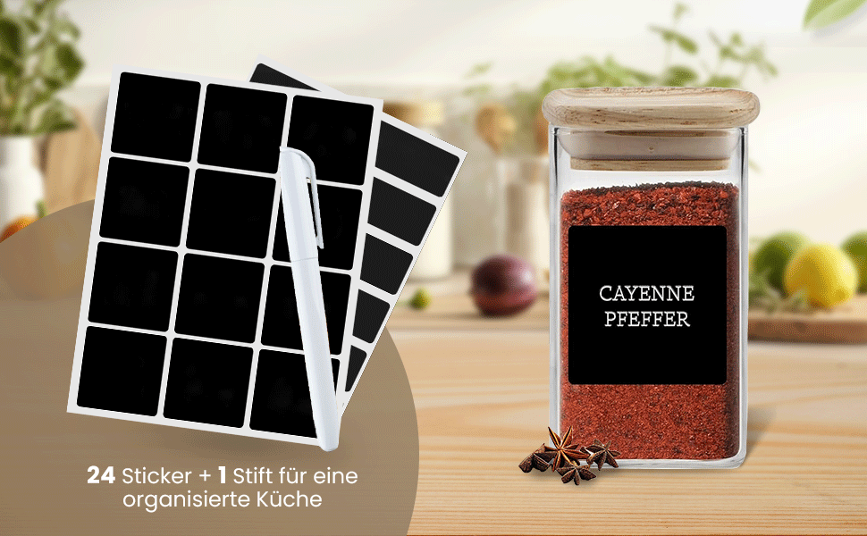 Stackable Spice Jars Set 150 ml Square - 12 Pieces - Airtight Glass Storage Containers - Bamboo Wood Lids - with Labels & Chalk Pen - Spice Storage, Kitchen Organization, Storage Jar