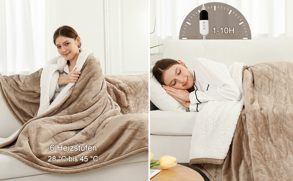 Електрична ковдра COZYTY 150x200 см з таймером та захистом від перегріву, фланель, 6 режимів нагріву, машинне прання (Бежева)