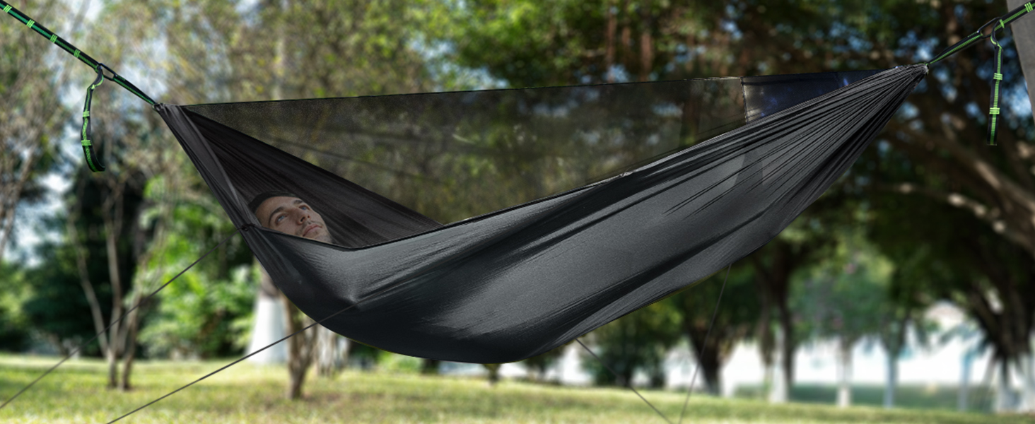 Гамак для кемпінгу з москітною сіткою та відтяжкою, великий на 2 особи, 290 x 140 см, легкий, для відпочинку на природі, походів, подорожей та рюкзаків, армійний зелений (чорний)