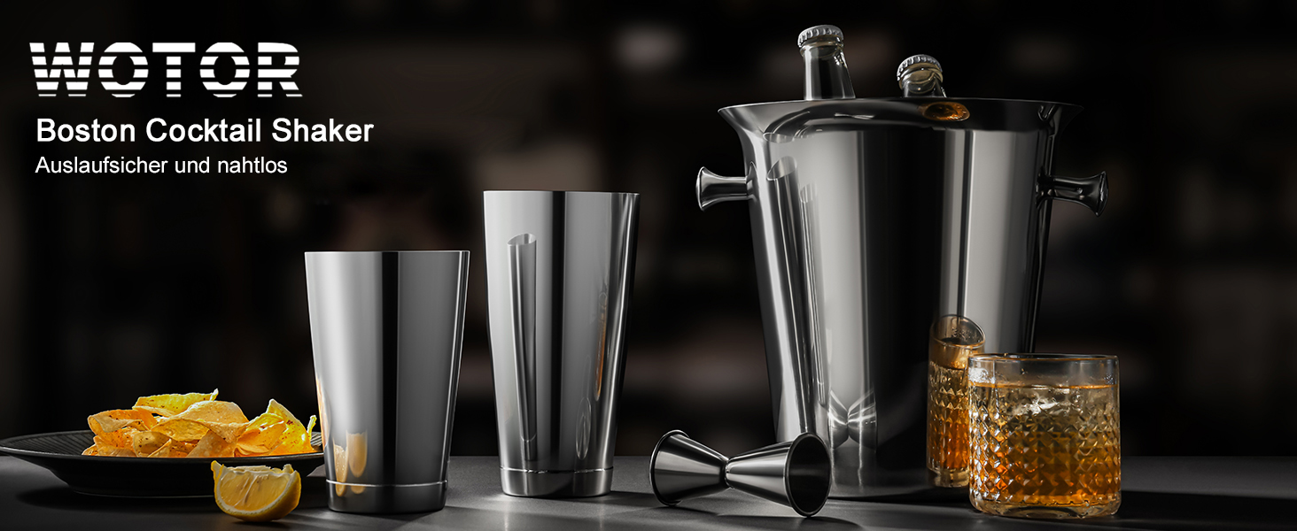 Набір для коктейлів WOTOR Boston: шейкер 18oz та 28oz, сито, подвійний джигер, професійний барний інвентар (срібло)