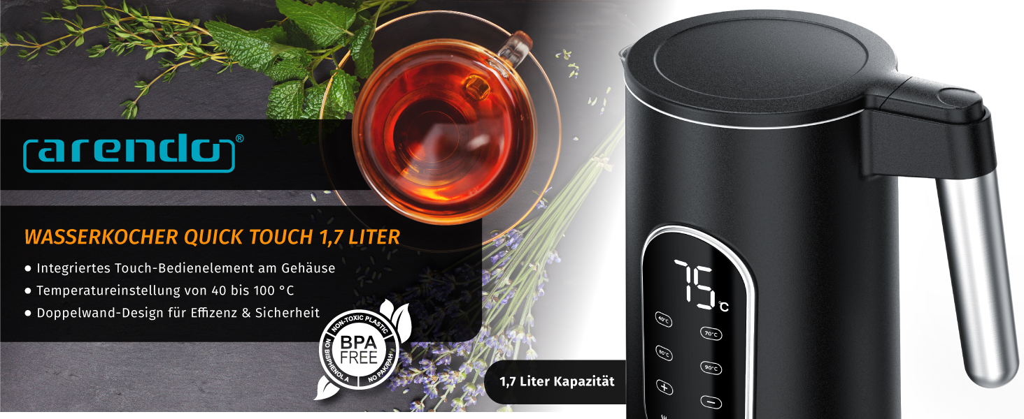 Електричний чайник Arendo з регулюванням температури, нержавіюча сталь, подвійні стінки Cool Touch, дисплей, бездротовий, 2200 Вт, 1,7 л, захист від перегріву, функція підтримання тепла, чорний