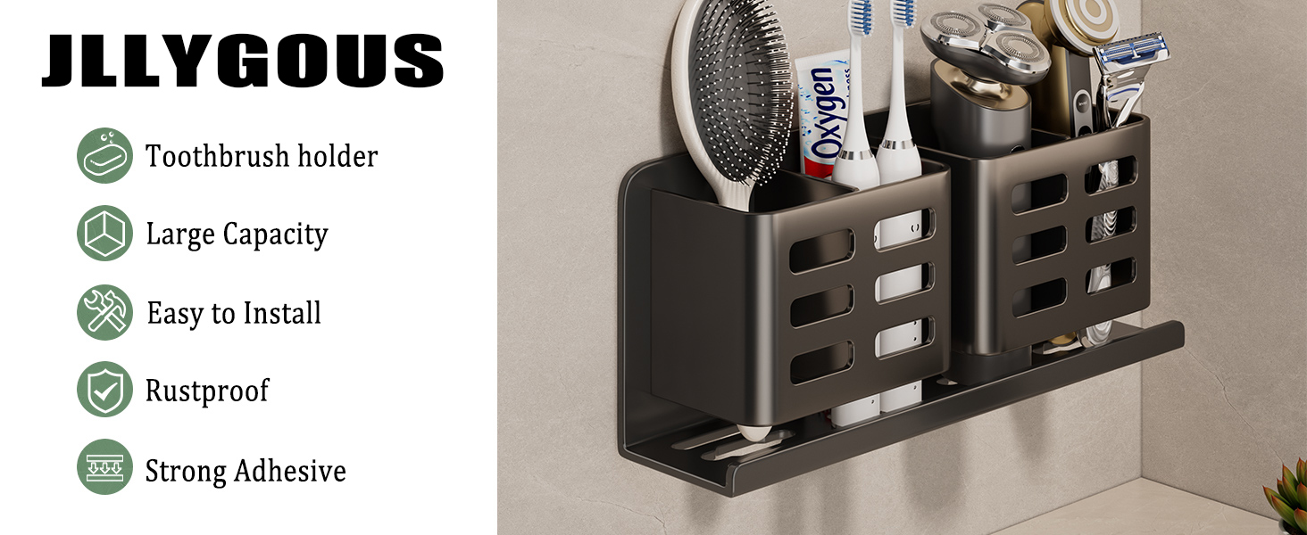 Тримач для зубних щіток на стіну без свердління, алюміній, чорний колір, самоклеюча кріплення для зубних щіток, пасти, бритви та гребеня