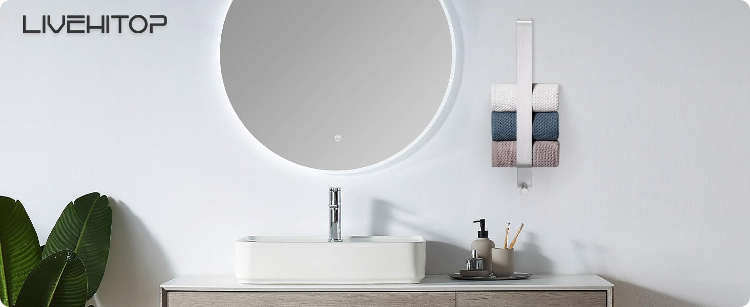 Тримач для рушників LIVEHITOP без свердління, нержавіюча сталь, самоклеючий, сріблястий, 43.5 см, з гачками для ванної кімнати (1 шт.)