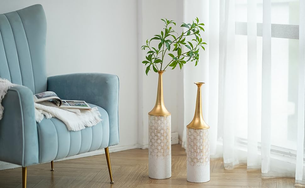 Vintage Black Tall Floor Vase Set of 3 - 68/51/41cm - Large Metal Honeycomb Texture Matte Vase for Living Room, Dining Room, Bedroom, Office & Home Decor
