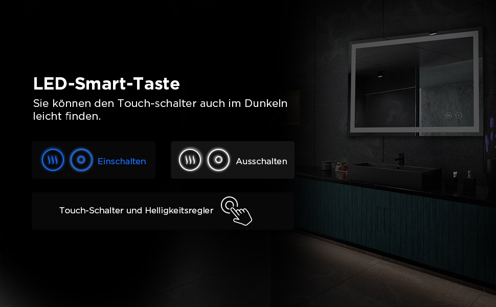 Дзеркало для ванної кімнати з підсвічуванням 50x70 см, сенсорне керування, протитуманне покриття, 3 кольори світла, регулювання яскравості, пам'ять налаштувань, матове, прямокутне