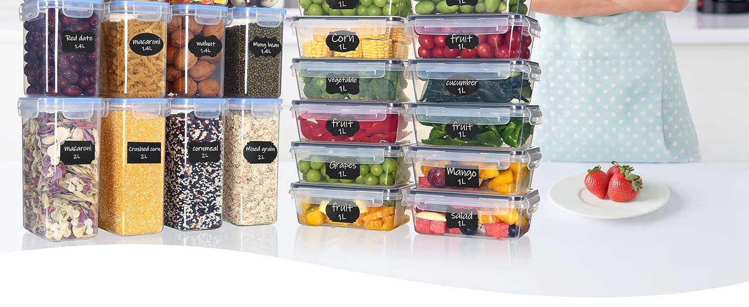 Набір контейнерів для їжі Hibisaws 12 шт. з кришкою, контейнери для заморожування, ланч-бокси, BPA-free, 100% герметичні, прозорі, 6 x 1L & 6 x 0.5L