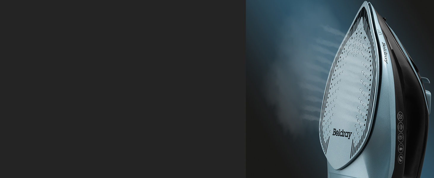 Праска Beldray 2600 Вт – керамічна підошва з антипригарним покриттям, регулювання температури та пари, самоочищення, резервуар 280 мл, до 140 г/хв, висока потужність (EU-штепсель, блакитний)