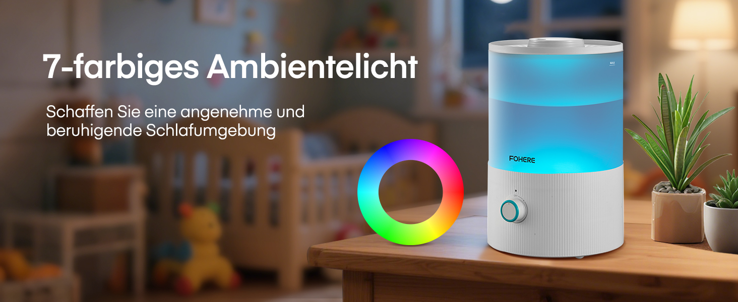 Зволожувач повітря FOHERE для спальні, 3.2л, тихий, для дітей, з верхнім заповненням, 28 годин роботи, 360° охолоджуючий туман, BPA-free, аромадифузор, нічне світло 7 кольорів для рослин, дому, офісу