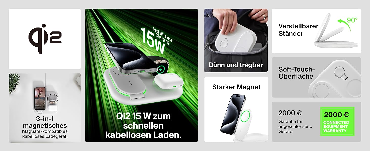 Зарядний пристрій Belkin BoostCharge 3-в-1 з підтримкою Qi2, 15 Вт, MagSafe, для iPhone, Apple Watch, AirPods