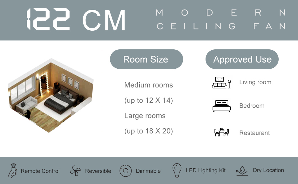 Стеляний вентилятор FINXIN з LED-лампою 132/122 см для спальні, вітальні, їдальні. В комплекті: мотор, пульт керування. (132 см, 5 лопатей) (Брашований нікель, 122 см, 4 лопаті)