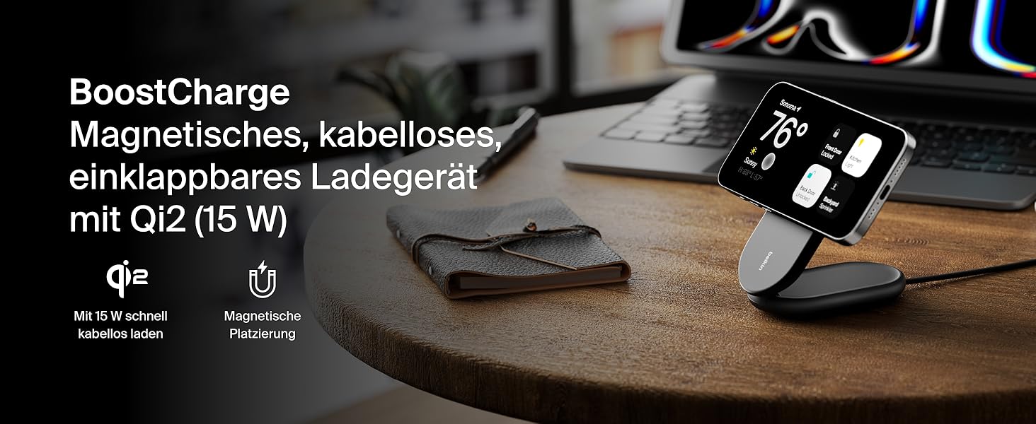 Belkin BoostCharge: Бездротовий зарядний пристрій з магнітним кріпленням Qi2, 15 Вт, сумісний з MagSafe для iPhone 17, Air, 16, 15, 14, 13, 12, Pixel, з функцією підставки – Чорний