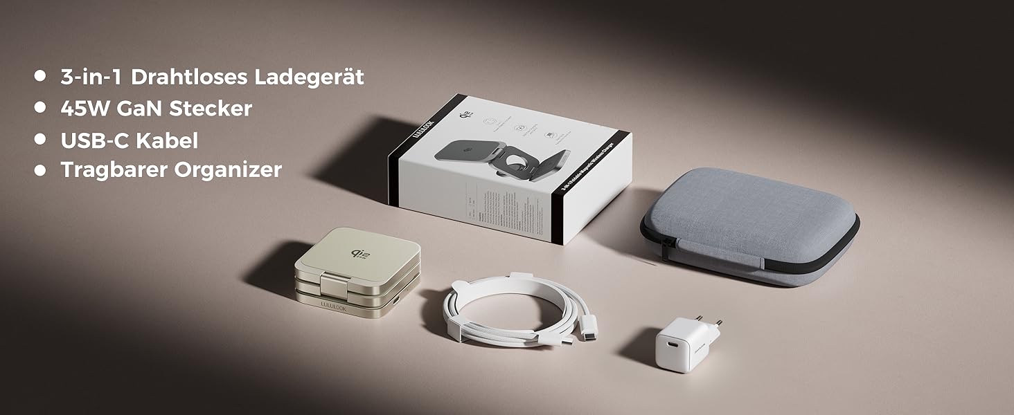 Зарядний пристрій 3-в-1 LULULOOK Ultra Kompakt Qi2.2 25W MagSafe для iPhone 17/16, Apple Watch та AirPods, GaN 45W, Титан
