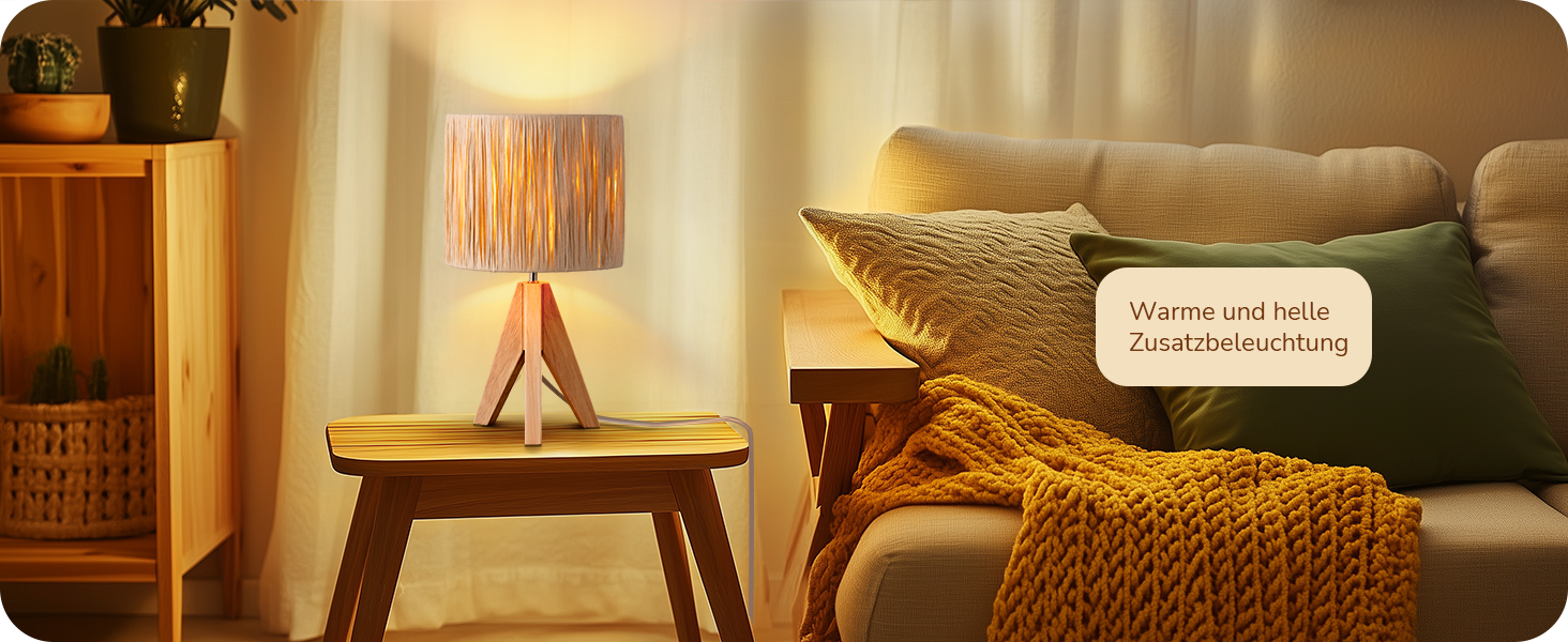 EDISHINE Настільна лампа з ручним плетінням, тепле світло 2700K, з дерев'яною підставкою, Boho стиль, для спальні, вітальні, готелю, з LED лампою E27 4W (рафія)