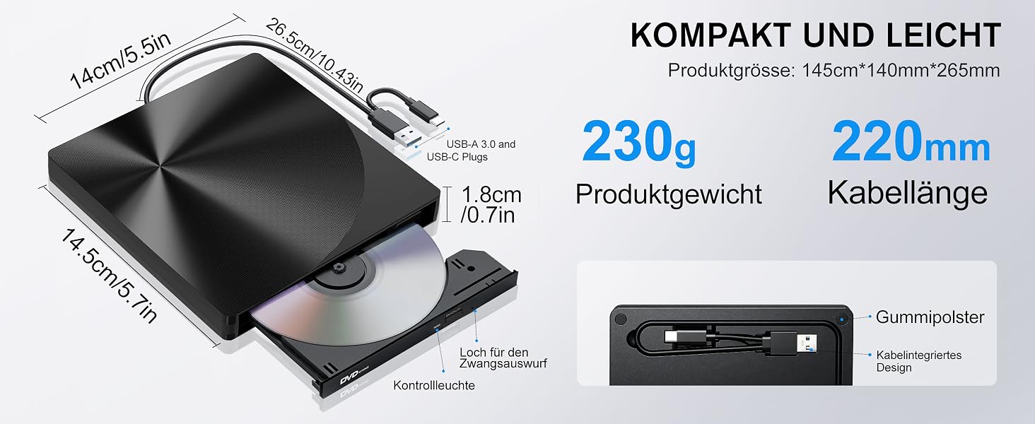 Зовнішній USB 3.0 та USB-C CD/DVD привід varkda для ноутбука та ПК, портативний DVD-плеєр та записник (RW/ROM), сумісний з Windows, macOS, Linux, чорний