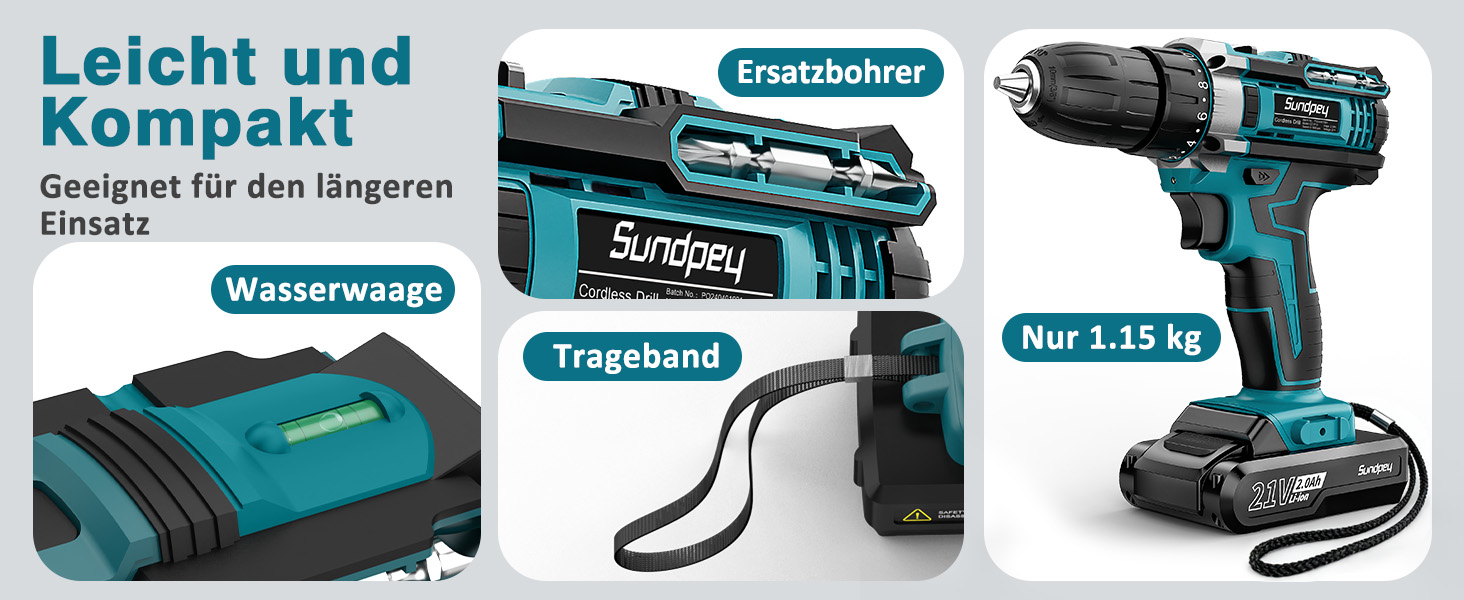 Акумуляторний шуруповерт Sundpey Set з 2 акумуляторами 2.0Ah, 21V, 1500 об/хв, 45Nm, 18+1 режим, LED-підсвічування, для ремонту та DIY