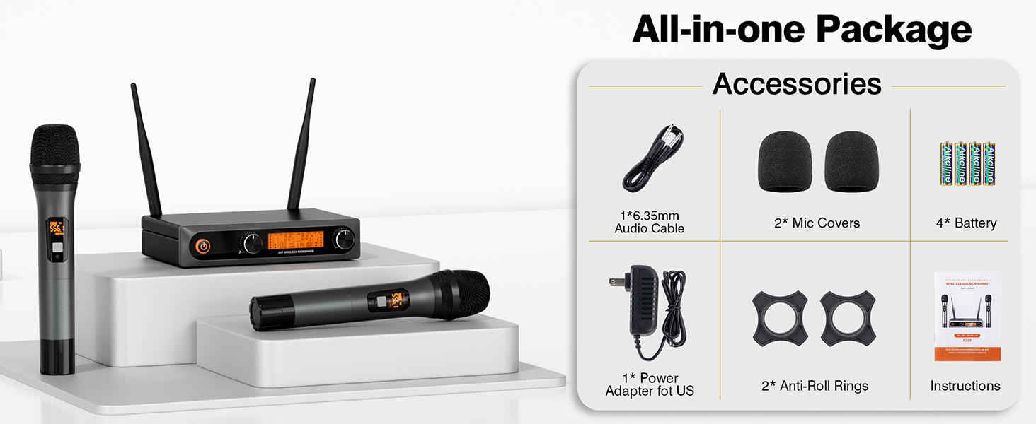 Бездротові мікрофони: комплект 2 шт. з приймачем, UHF, 60м, для вечірок, конференцій, караоке (сірий)