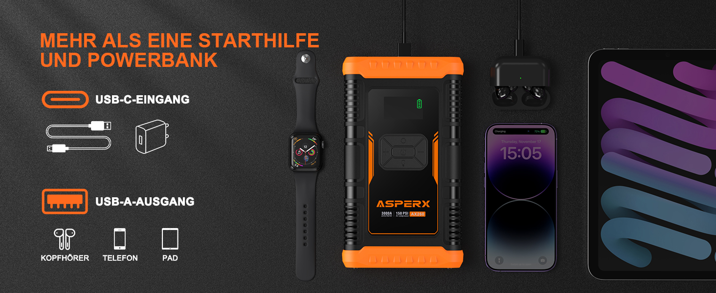 Powerbank з компресором ASPERX Starthilfe: 150PSI, 3000A, LED ліхтарик, для 12V авто, мото, SUV (до 10L бензину або 8L дизеля)