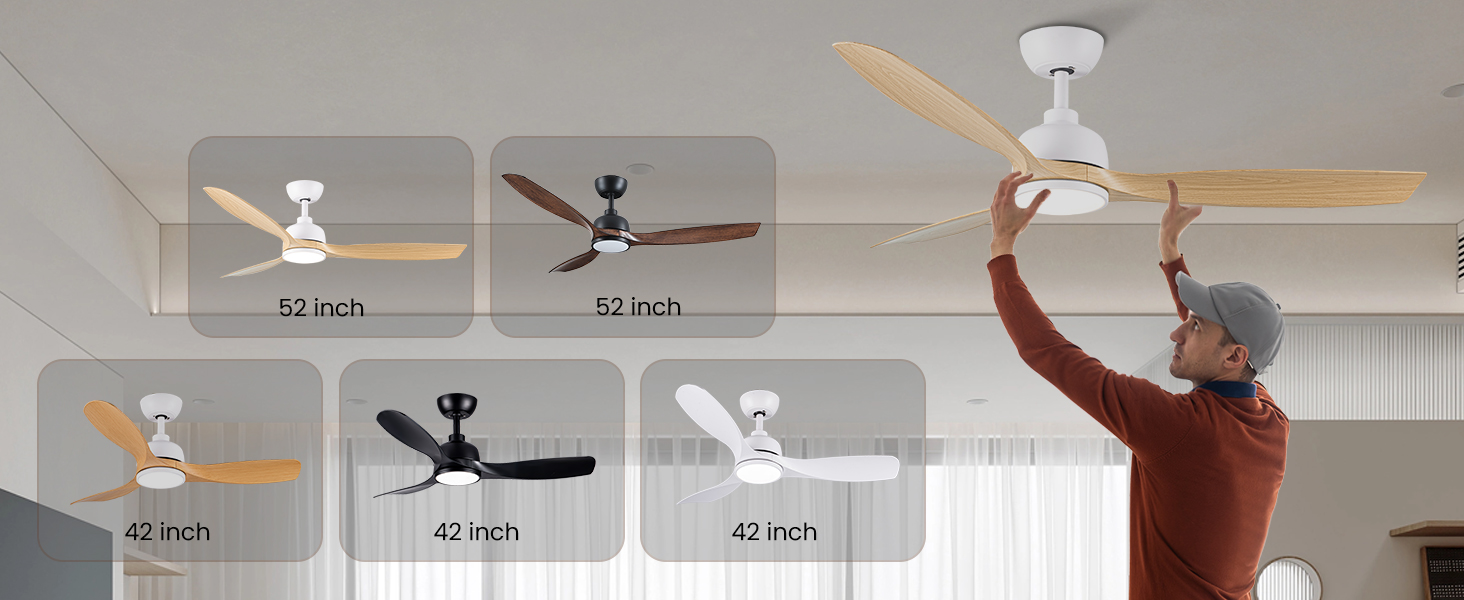 Стеляний вентилятор CJOY з підсвічуванням, 107 см, з пультом керування, DC, безшумний, з функцією зміни напрямку обертання, пам'ять 3CCT, регульована яскравість, 6 швидкостей, таймер для спальні (132 см, біле дерево)