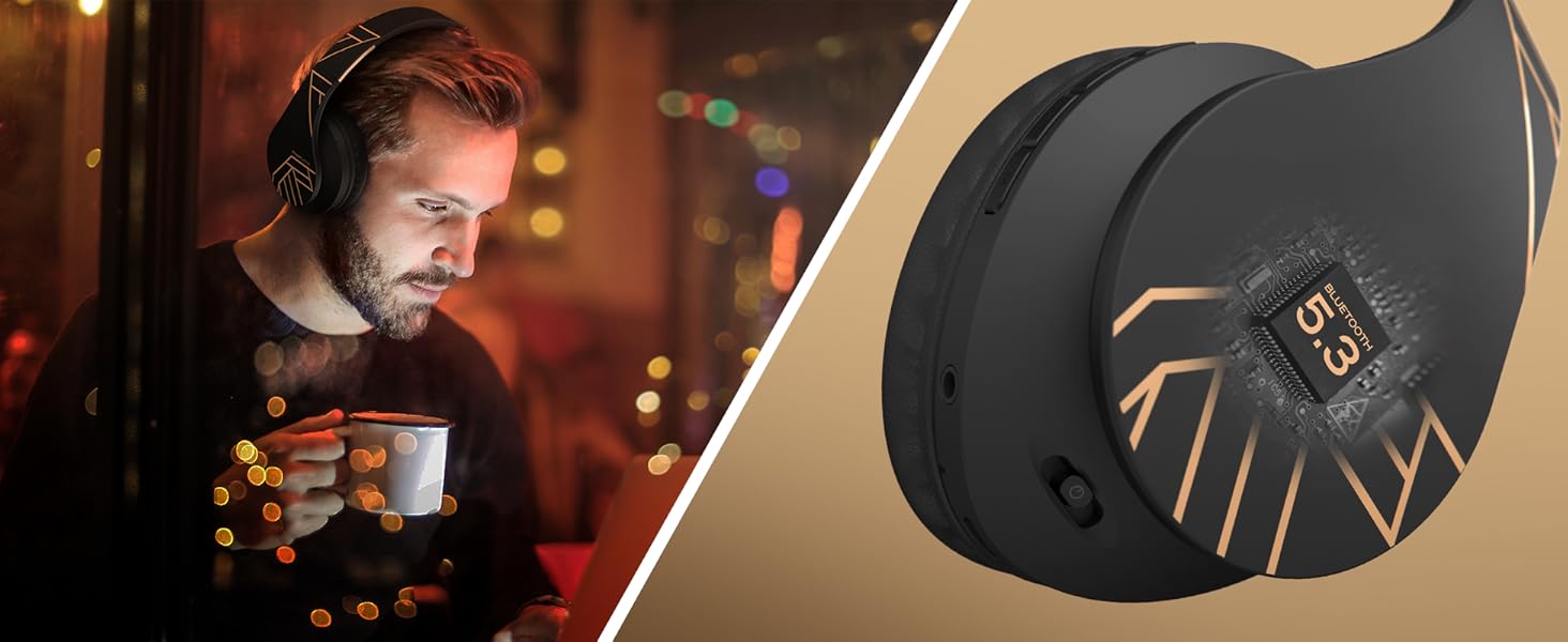 Бездротові навушники PowerLocus Over-Ear з Bluetooth, мікрофоном, складні конструкції, м'які амбушюри, Hi-Fi стерео бас, для дітей/дорослих/TV/PC/Home Office (Чорний/Золотий)