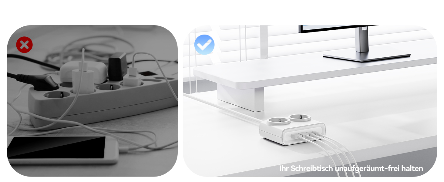 Мережевий адаптер ORICO 25W GaN 6-в-1 білий з 2 розетками AC, 4 USB (2 USB-C PD), кабелем 1.6м, 2500W для дому/офісу