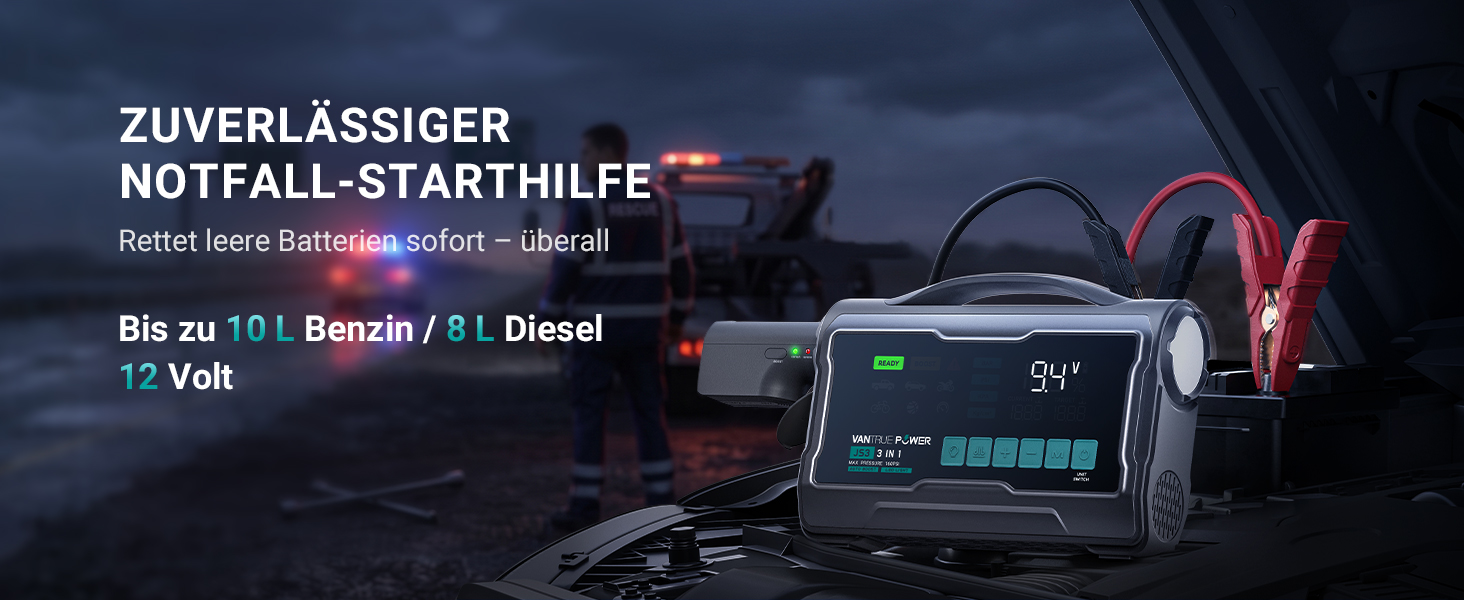 Пусковий пристрій (бустер) VANTRUE POWER JS3 для авто з компресором 160 PSI та функцією Powerbank, чорно-сріблястий