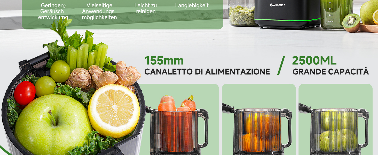 Центрифужна соковижималка AMZCHEF 600W з широким завантажувальним отвором 155 мм для цілих овочів та фруктів, чорна