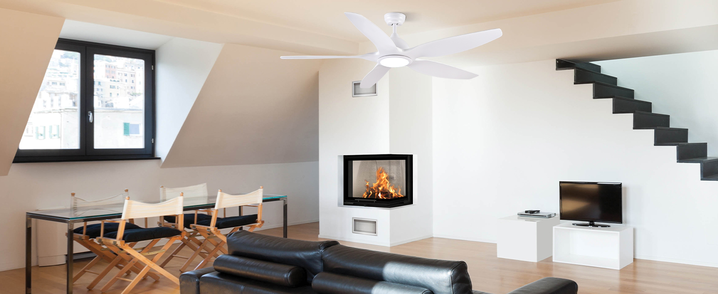 Стеляний вентилятор Newday 153 см, білий з підсвіткою та пультом керування. Безшумний вентилятор-лампа з 5 лопатями, DC мотор, реверсивний, з функцією пам'яті та плавним регулюванням яскравості світла.